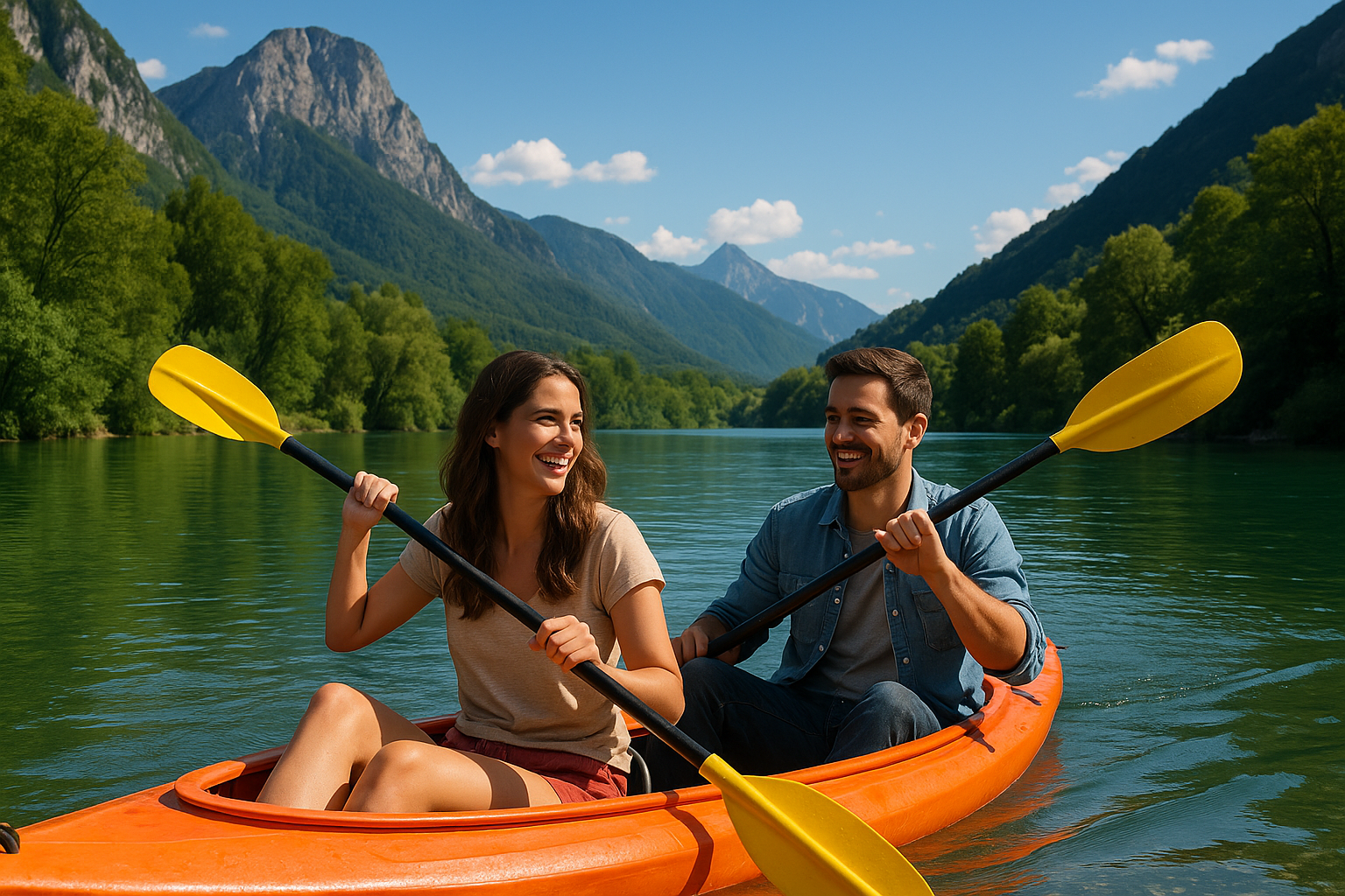 A romantic couple in their thirties, beautiful and smiling, kayaking on a serene river in the French Alps, surrounded by lush mountains and clear blue skies, in a natural, picturesque setting—vibrant, peaceful, and romantic.